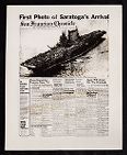 Newspaper headlines of San Francisco Chronicle, Sept 14th: "First Photo of Saratoga's Arrival" and caption with photo explaining deck is packed with Navy veterans of the Pacific War (1945)